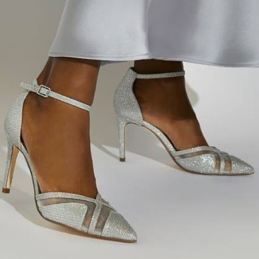 BRAND NEW DUNE LONDON DIANE HEELS IN PEWTER PIN HEELS SANDALS
